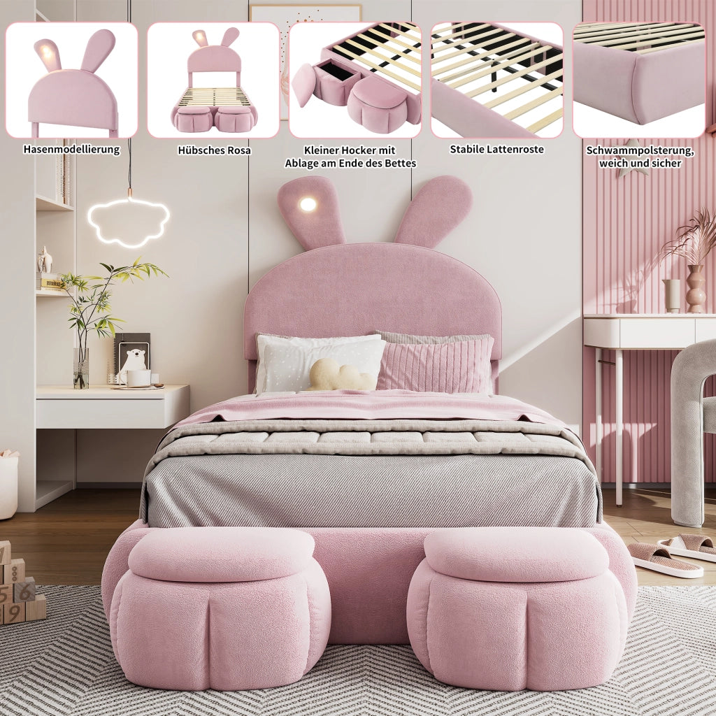 DESMIU Letto singolo 1 posto con LED regolabile e 2 pouf contenitore, 90 × 200 cm, senza materasso