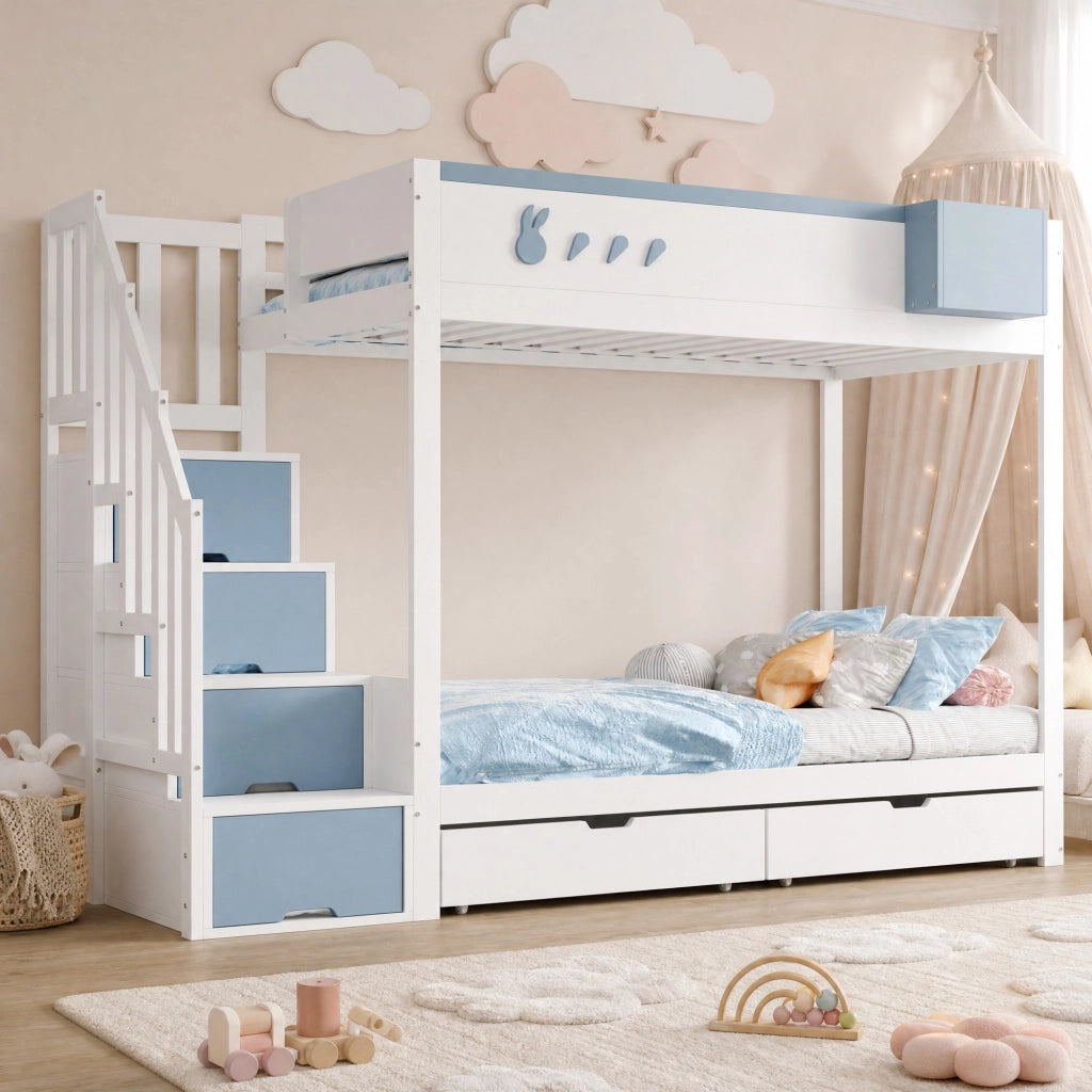 Lettino a castello 90x200 cm in legno; bianco e blu; con cassetti e scaletta contenitore