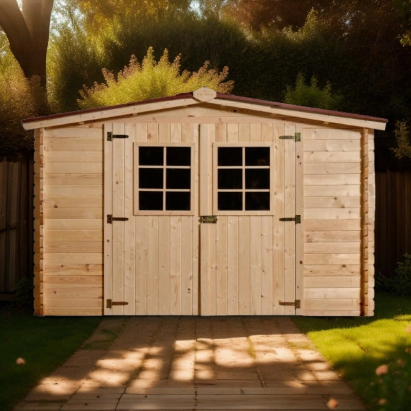 Casetta in legno da giardino doppia porta con vetro – 300x300 cm – tavole 28 mm, tetto bitumato rosso – MO3030.02N Foresta