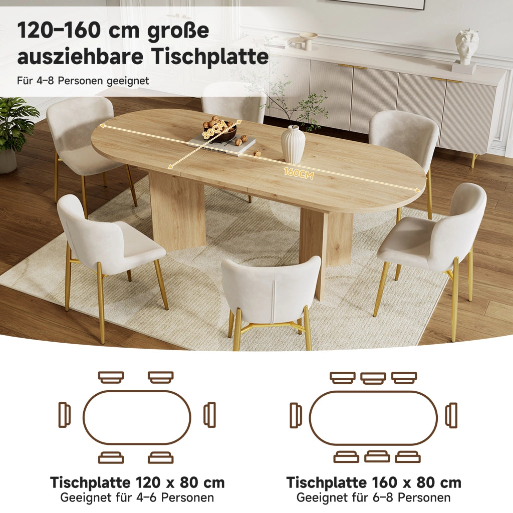 Tavolo da pranzo allungabile con piano da 18 mm, 2 ante pieghevoli e angoli arrotondati, per 4-8 persone, in MDF, rovere