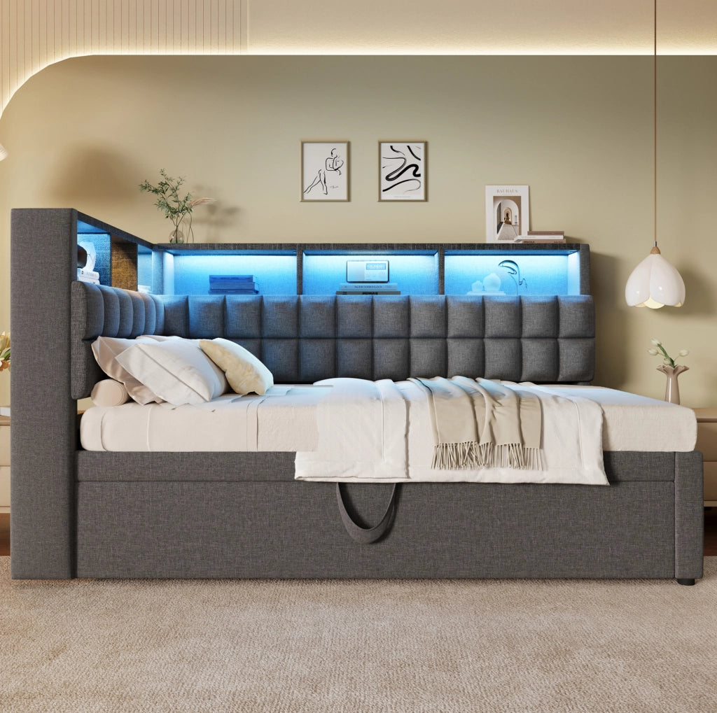 Letto imbottito 90x200 cm con letto estraibile; LED; Bluetooth; USB-A e USB-C; grigio