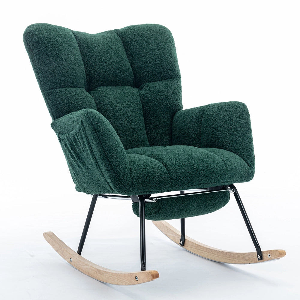 Sedia a dondolo moderna con imbottitura e tessuto peluche - Xylo - Verde con poggiapiedi estensibile