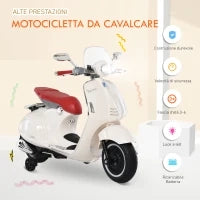 Moto Elettrica per Bambini con Licenza Ufficiale Vespa, 2 Rotelle, Luci e Suoni, 108x49x75 cm, Bianca