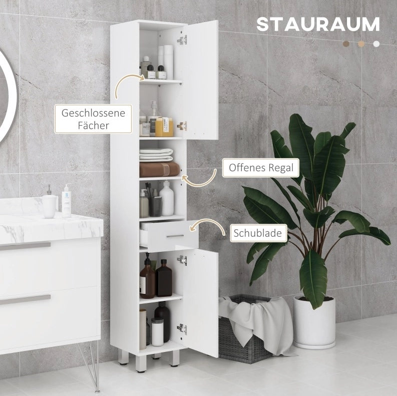 Mobile bagno alto bianco con ripiani regolabili e cassetto