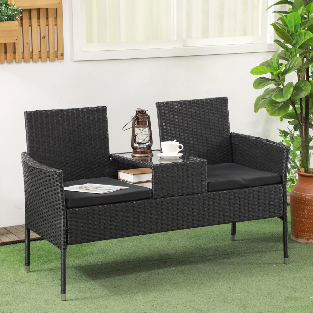 Divanetto per Esterni 2 Posti con Tavolino da Caff¨¨, in Acciaio e Rattan PE, 137x59x82 cm, Nero