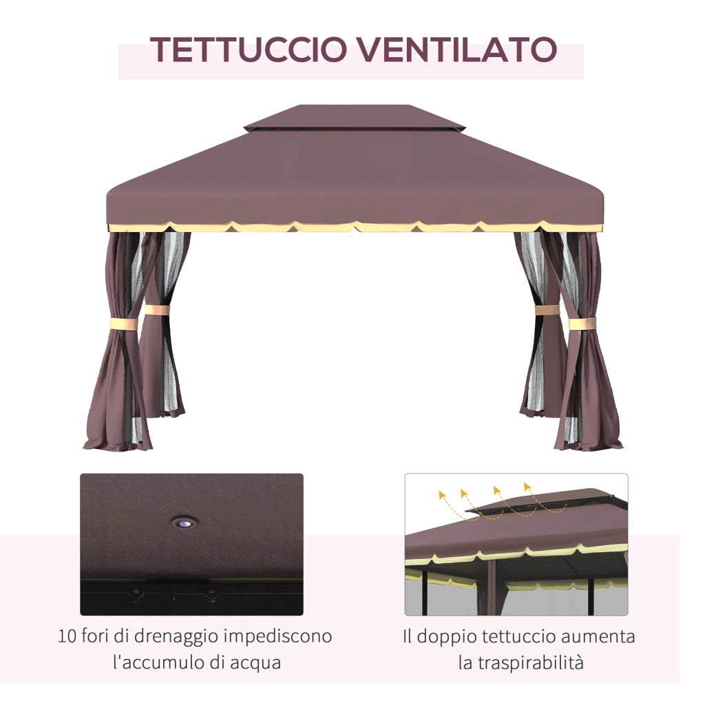 Gazebo da Giardino con Doppio Tetto e Zanzariera in Poliestere Caffè 2.9x3.9m