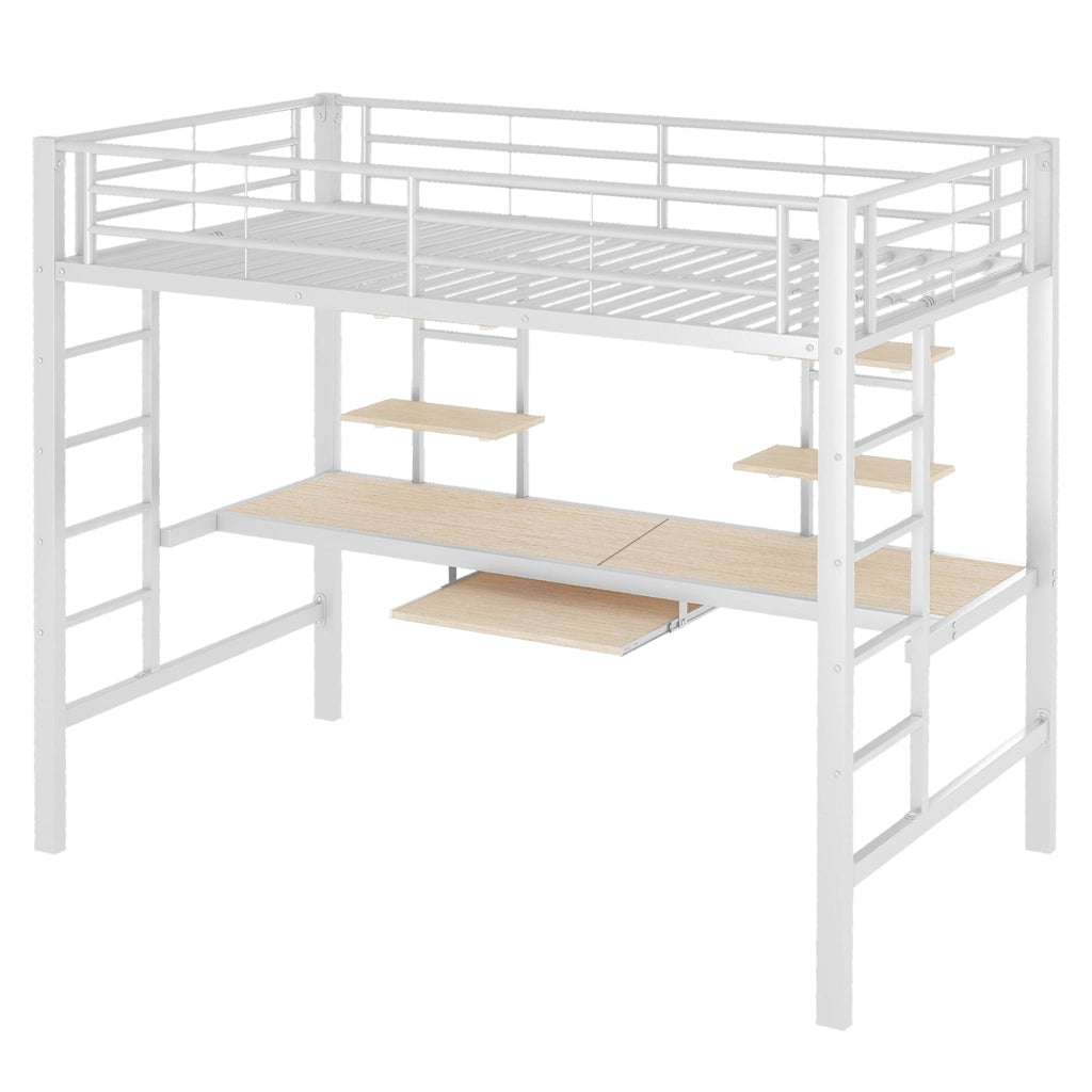 Letto a soppalco 90 × 200 cm con scrivania, 2 librerie e scala, senza materasso, in metallo bianco