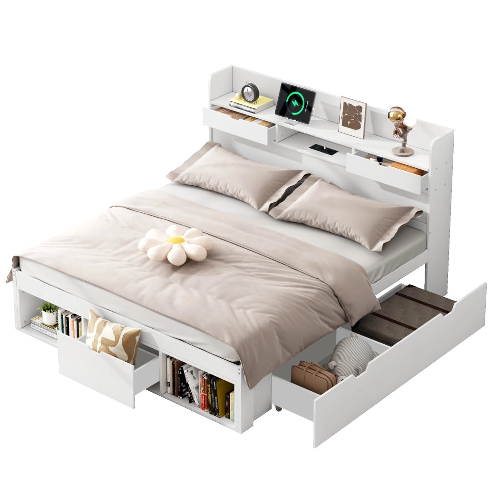 Letto multifunzione 160x200 cm bianco con USB e contenitori