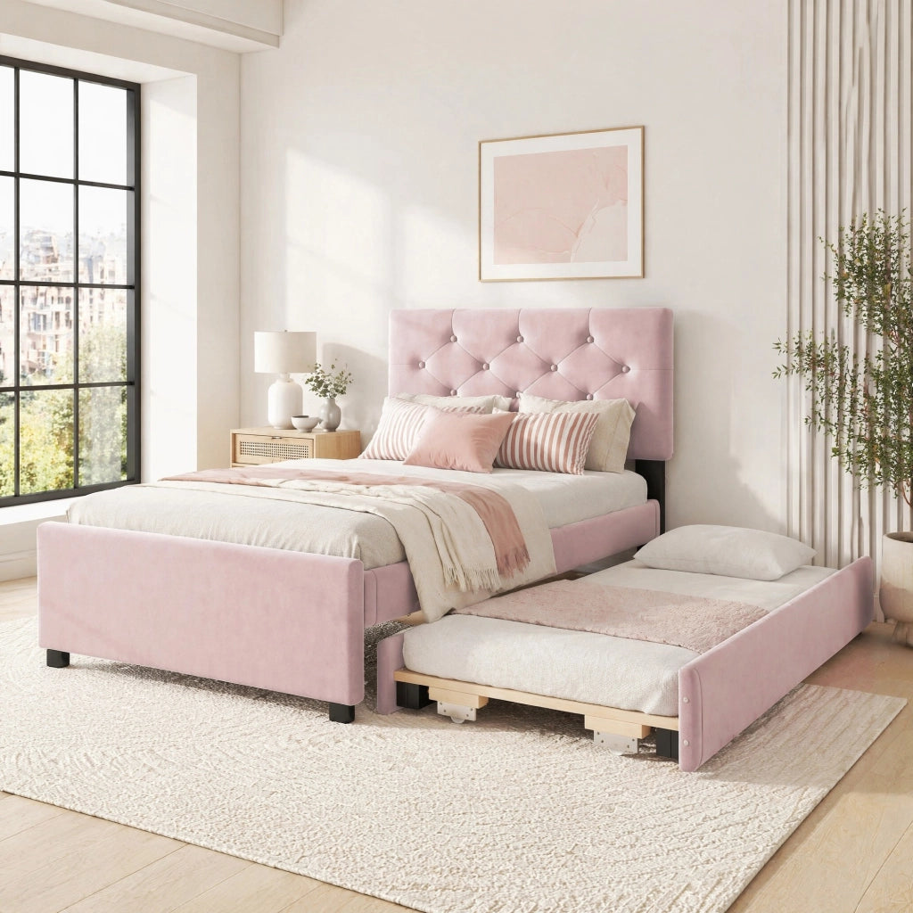 LETTO Imbottito 90x200 cm Velluto Rosa con letto estraibile e rete a doghe
