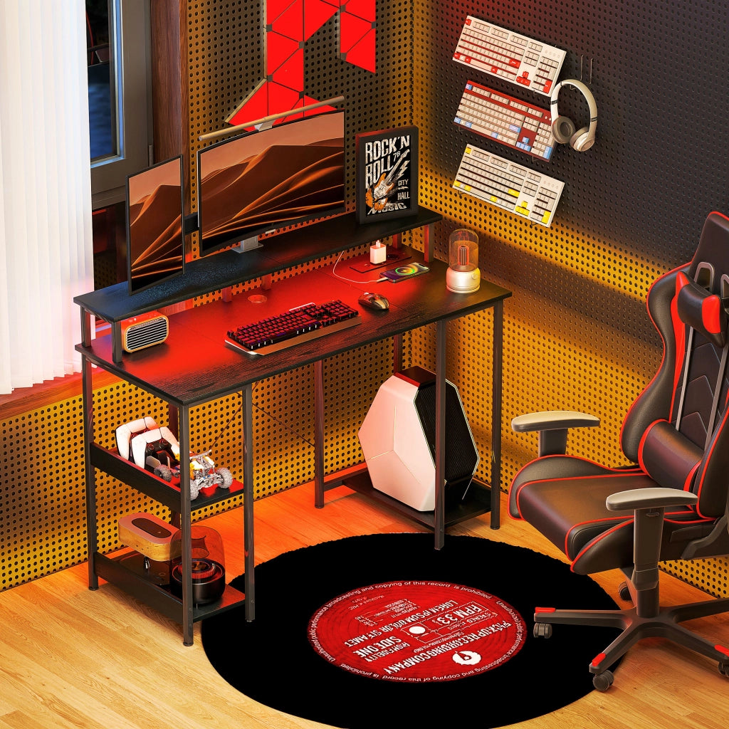 Scrivania Gaming con LED e Supporto Monitor ¨C Xylo ¨C Nero 120x50cm con Scaffale e Prese Elettriche