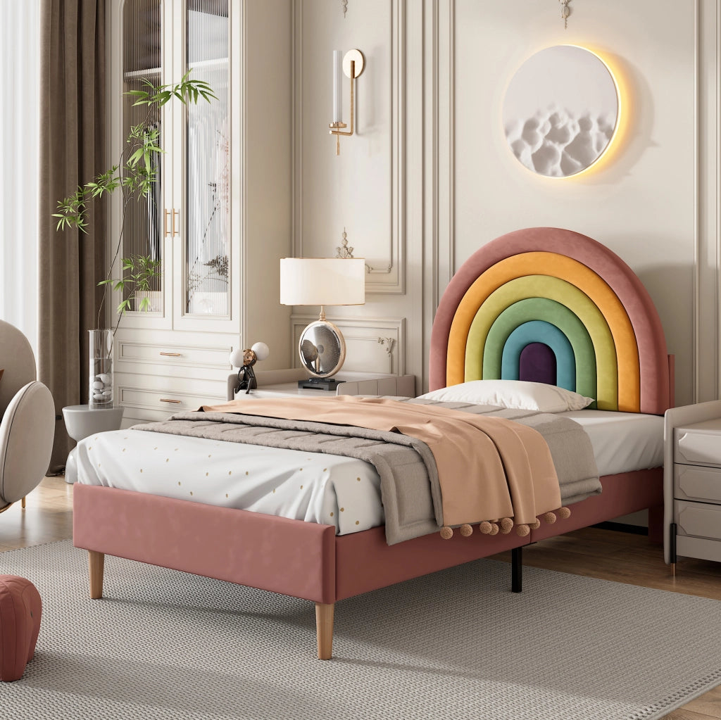 Letto imbottito 90x200 cm; testiera regolabile; velluto rosa (Senza materasso)