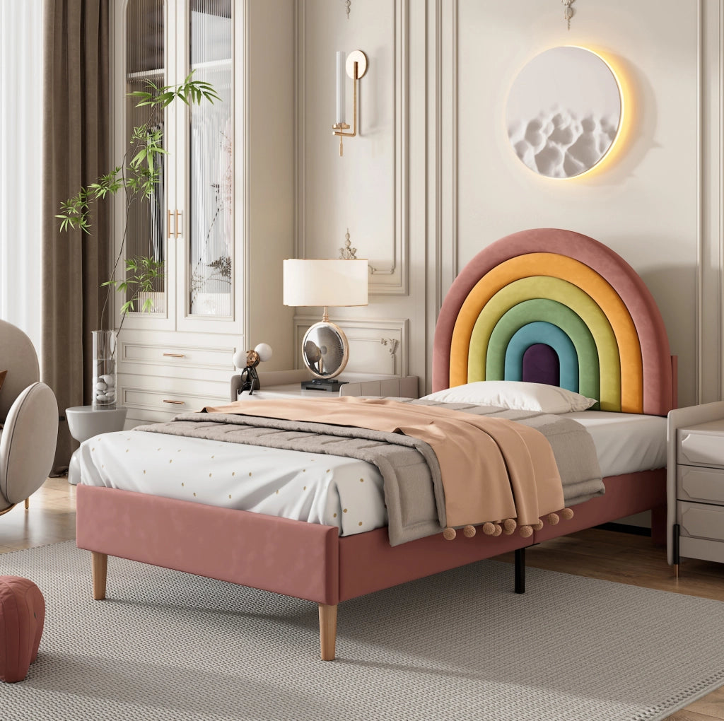 Letto imbottito 90x200 cm; testiera regolabile; velluto rosa (Senza materasso)