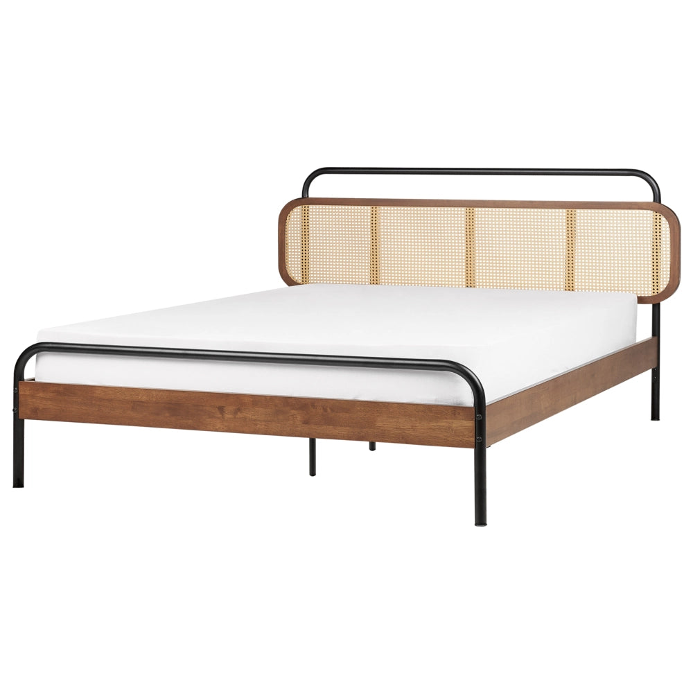 Letto matrimoniale moderno base a doghe con testata a treccia viennese in legno di gomma scuro 180 x 200 cm