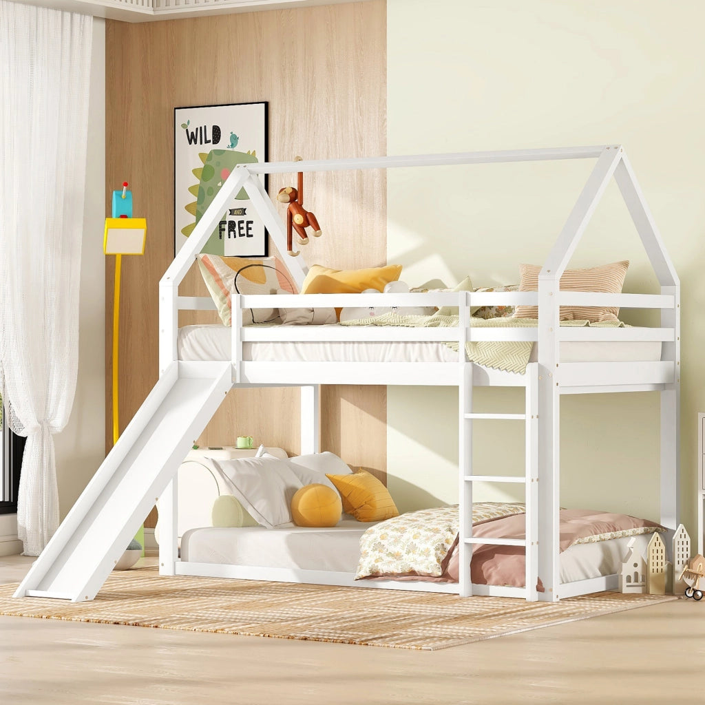 Letto a castello a forma di casa con scivolo e scala, bianco, 90 x 200 cm