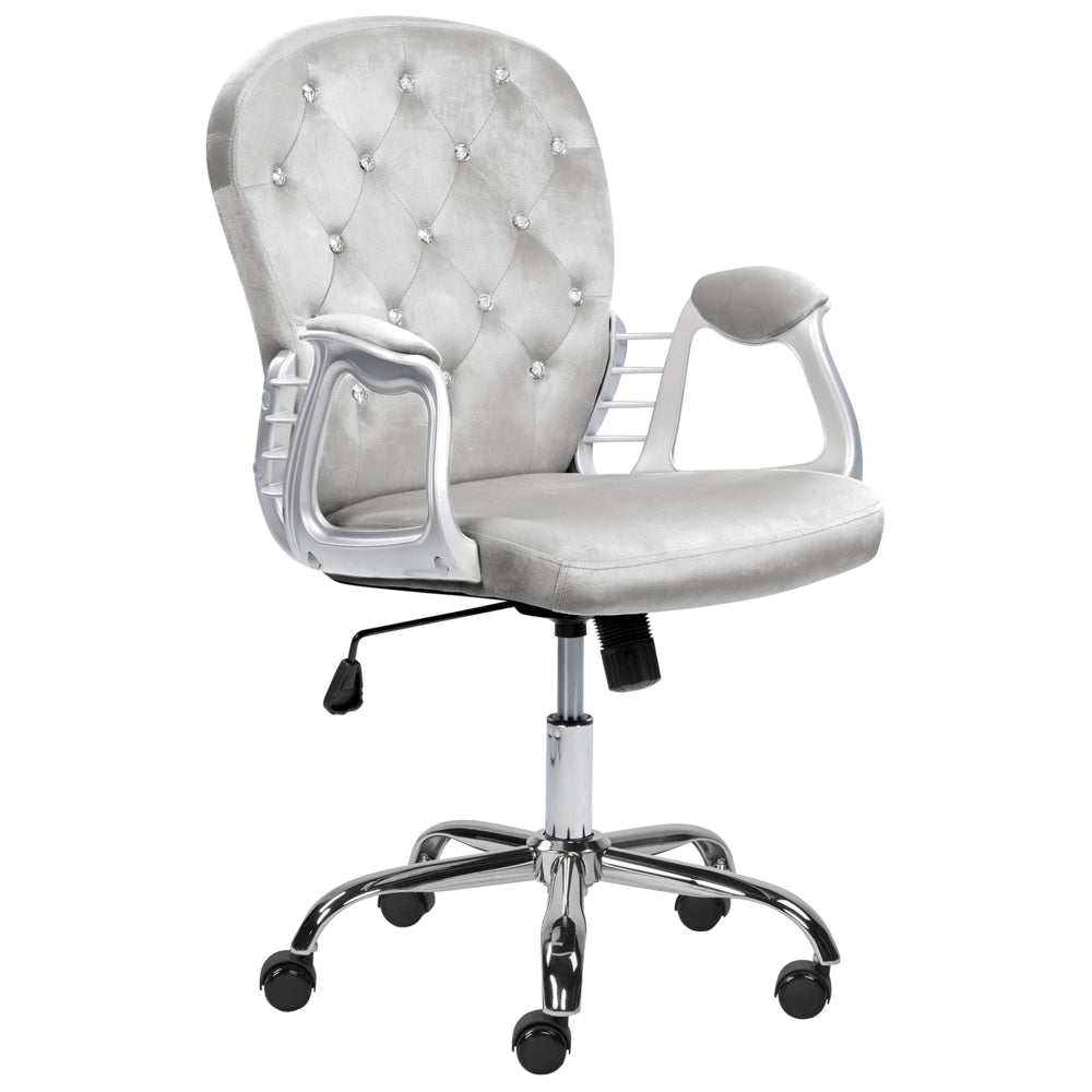 Sedia da ufficio in velluto grigio chiaro con cristalli e altezza regolabile e schienale trapuntato stile retrò moderno