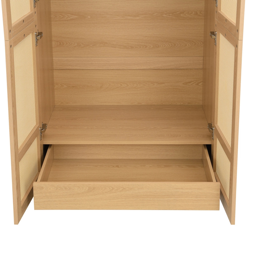 Armadio 80x50x179 cm con asta appendiabiti e cassetti; ante in rattan; gambe in legno; MDF e truciolare naturale