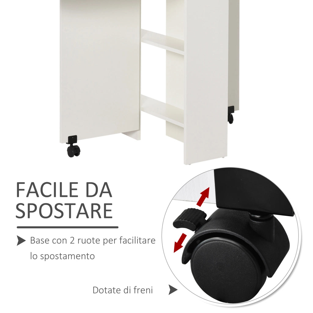 EasyComfort Tavolo Pieghevole Salvaspazio, 2 Ripiani Inferiori in Legno, Tavolo Richiudibile Salvaspazio, con Ruote per 6 Persone, 75P x 140l x 74H cm, Bianco