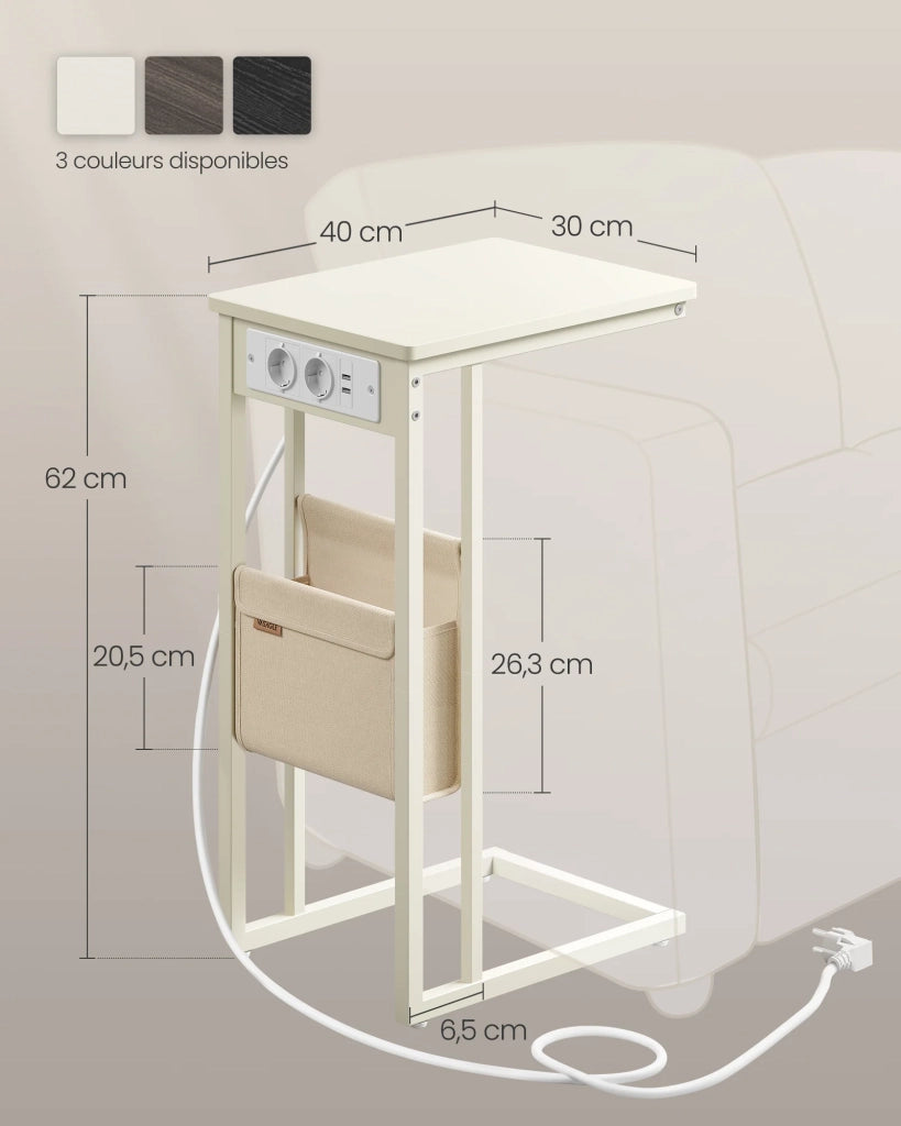Tavolino/comodino 30 x 40 x 62 cm con multipresa tavolino a C per piccoli spazi 2 porte USB e prese piedini regolabili per camera da letto/soggiorno bianco 12_0007573