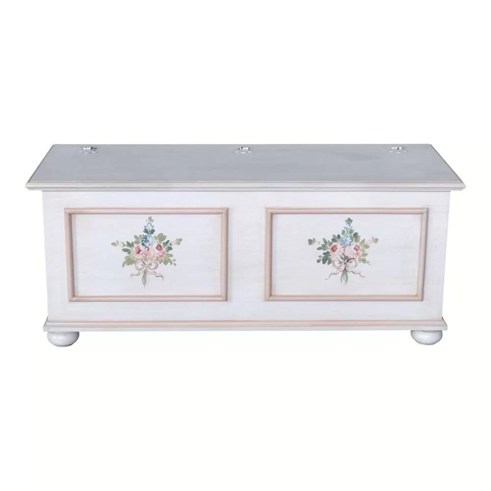 Cassapanca in legno shabby bianco anticato decoro filo rosa 116,5x40,5x46 - Mobili 2G