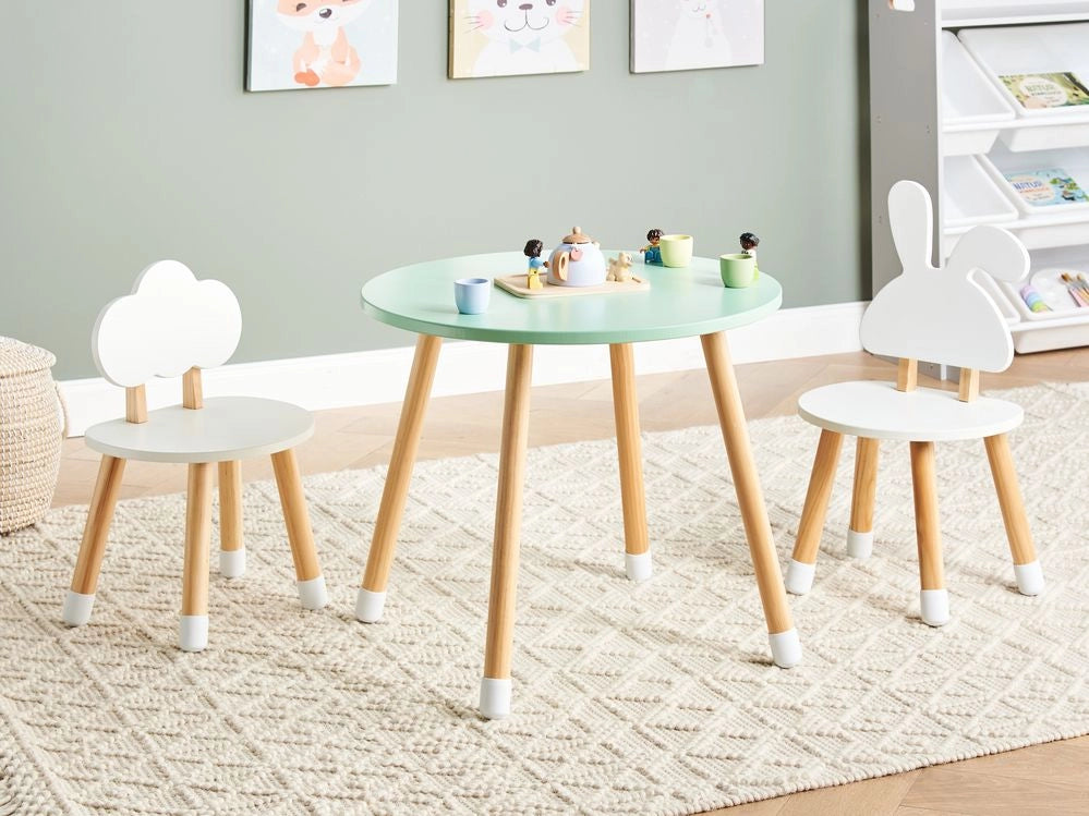 Set da tavola per bambini a 2 posti con sedie Tappi per gambe in MDF bianco e legno chiaro Cameretta per bambini alla moda