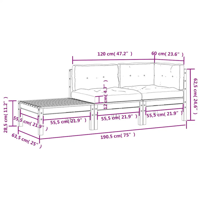 Set Divani da Giardino 3 pz con Cuscini Crema Massello di Pino 806673