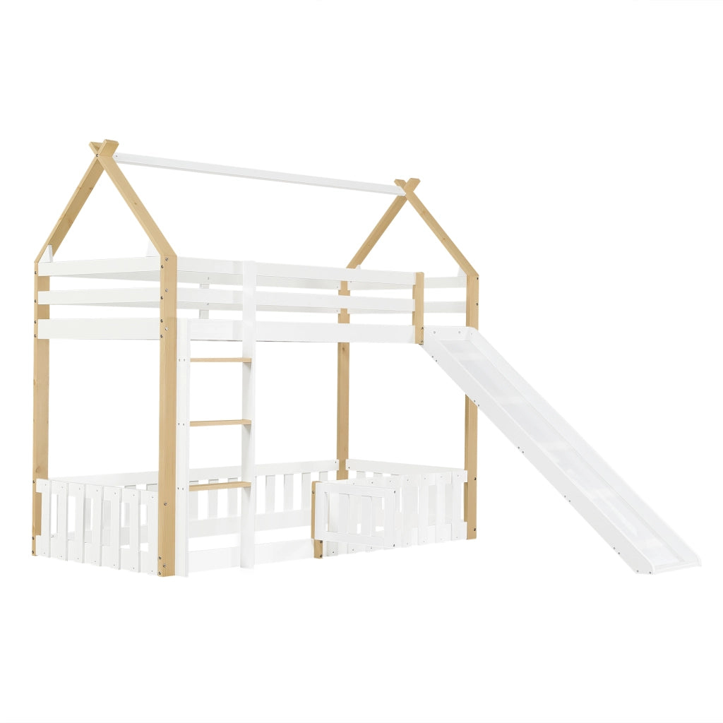Letto a Soppalco 90x200 cm - con Scivolo e Scala - in Legno e MDF - Bianco e Naturale