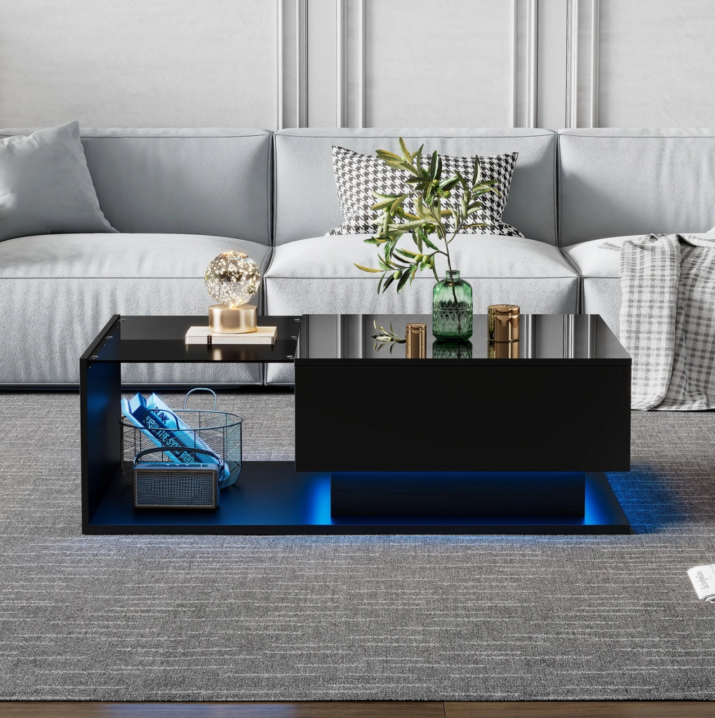 Tavolino da salotto nero lucido 100x50x32 cm con piano in vetro; cassetto e LED