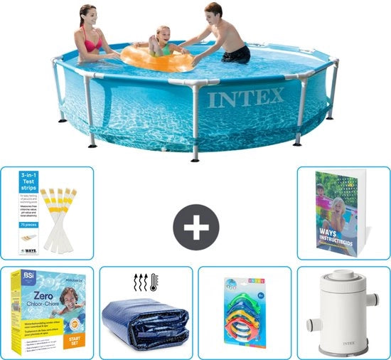 Piscina a Rondello - 305 x 76 cm - Acquario - Incluso Kit di Manutenzione - Ombrello Solare - Giocattoli - Pompaggio Piscina - 7 pezzi