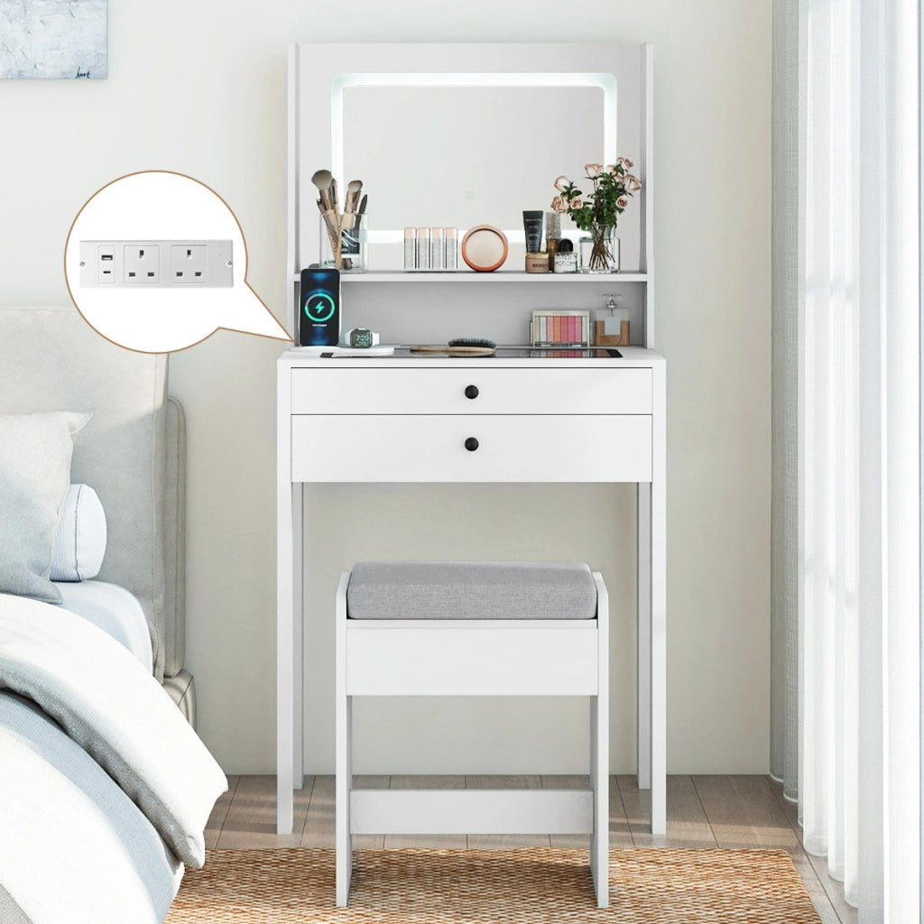 Piccolo tavolo da trucco con 3 modalit¨¤ di illuminazione e sgabello imbottito, Toeletta con specchio e luci Bianco-Tavoli da trucco