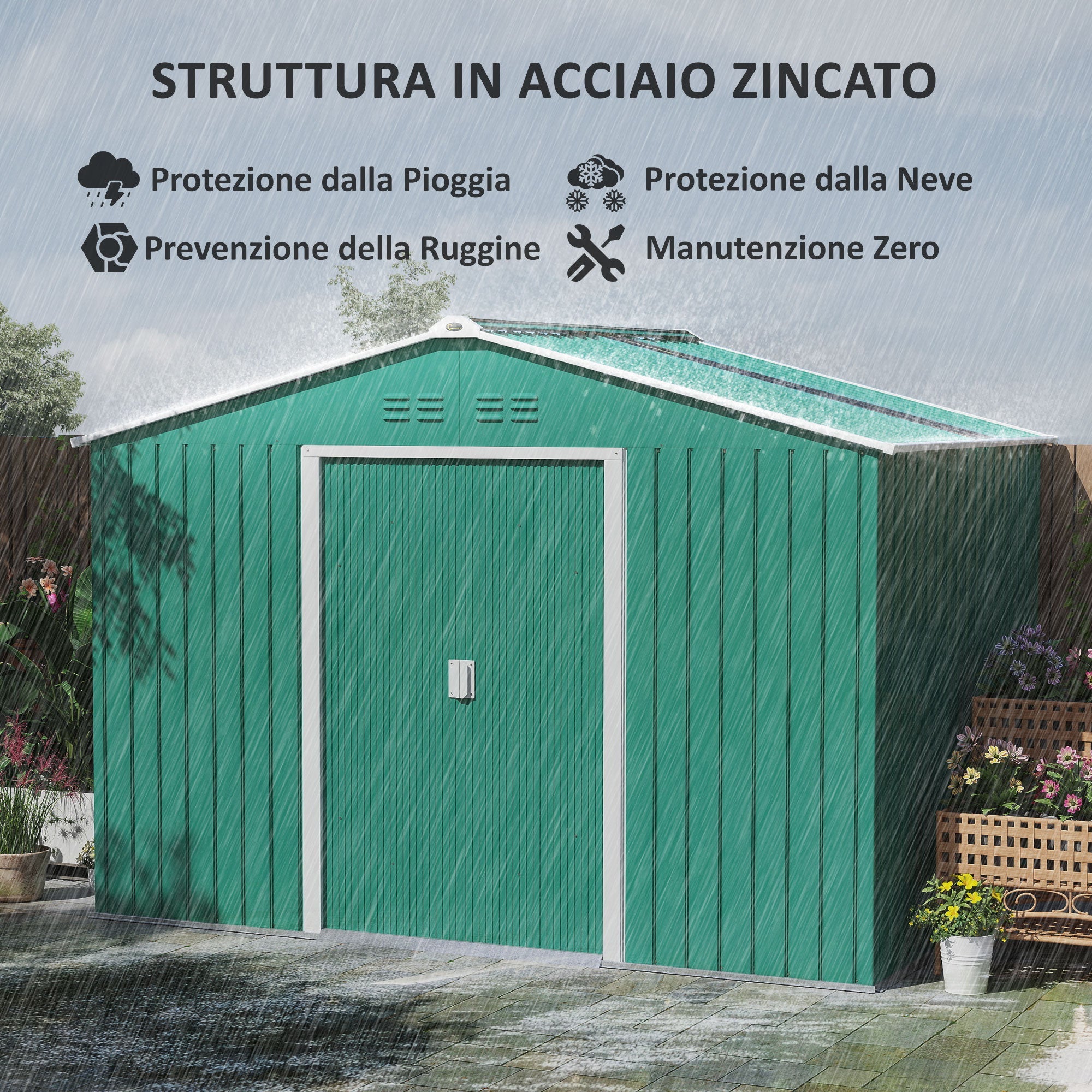 Casetta Box da Giardino Porta Attrezzi 277x195x192 cm con 2 Porte Scorrevoli Verde Scuro