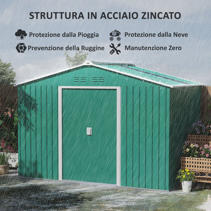 Casetta Box da Giardino Porta Attrezzi 277x195x192 cm con 2 Porte Scorrevoli Verde Scuro