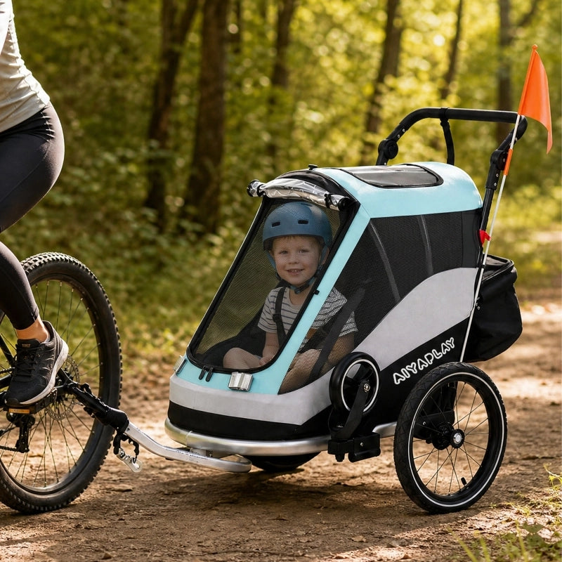 RIMORCHIO BAMBINI 2 in 1 pieghevole con 5 punti Light Blue in alluminio