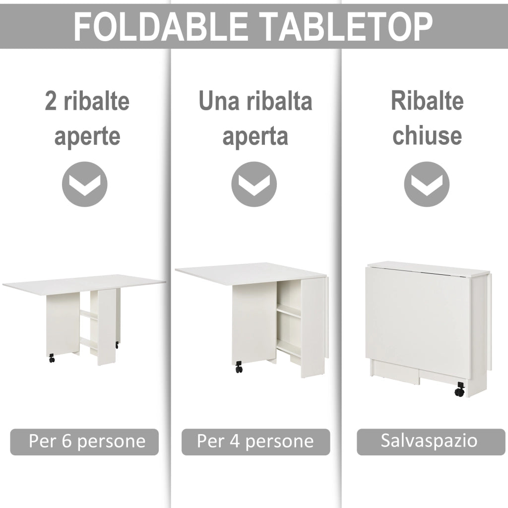 EasyComfort Tavolo Pieghevole Salvaspazio, 2 Ripiani Inferiori in Legno, Tavolo Richiudibile Salvaspazio, con Ruote per 6 Persone, 75P x 140l x 74H cm, Bianco