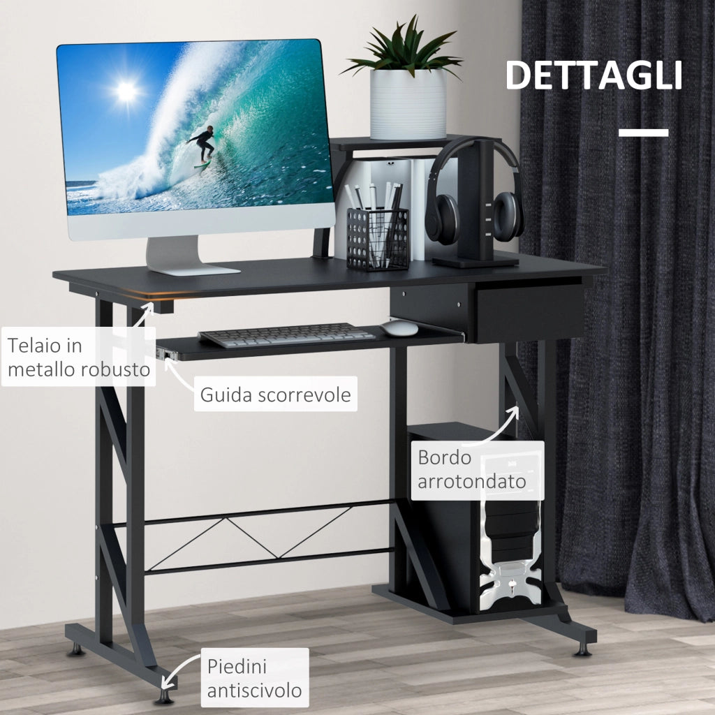 EasyComfort Scrivania per Computer Salvaspazio in Acciaio e Legno, Scrivania da Ufficio con Cassetto, Ripiano Tastiera Estraibile, 90x50x100 cm, Nero