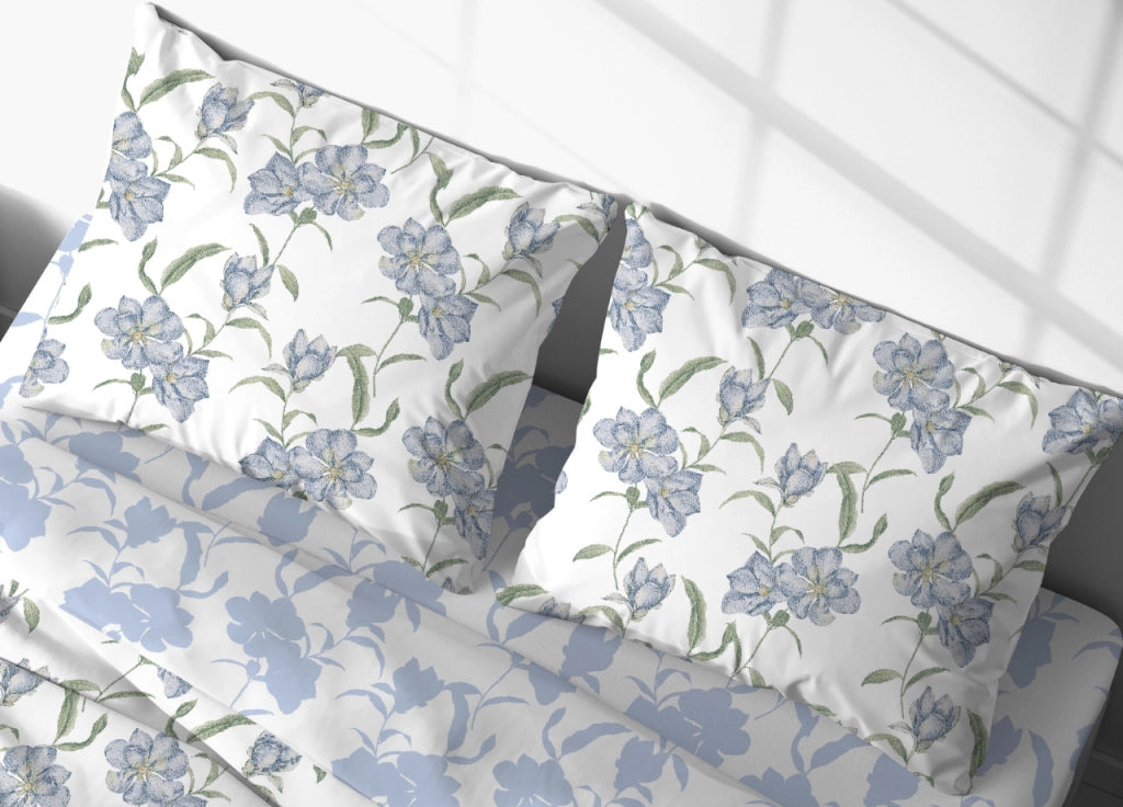 Completo Lenzuola Letto In 100% Cotone Made Italy Disegno Magnolia - Francese - Azzurro