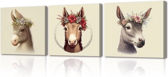 Stampa su tela - Cavallo con fiori - Decorazione moderna per la camera da letto e la sala da pranzo - Regalo di compleanno - 3 pezzi - 30 x 30 cm