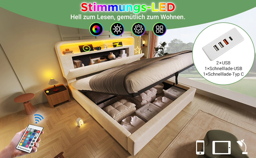Letto Imbottito Contenitore Matrimoniale con LED ¨C MINIMAL ¨C Velluto Beige, Testiera Regolabile, Idraulico, 140x200