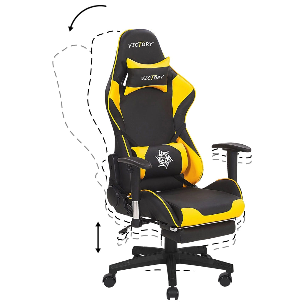 Sedia da gaming in ecopelle nera e gialla con braccioli girevoli regolabili e poggiapiedi in altezza moderna