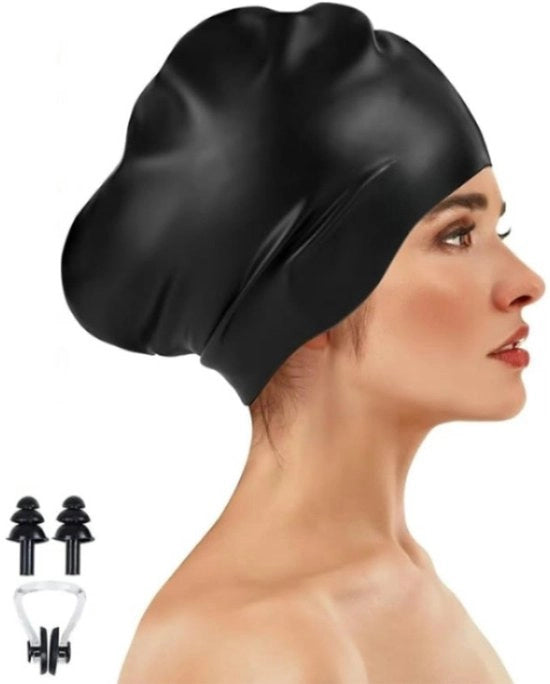 Badmuts in silicone per capelli lunghi, badmuto extra grande per donne, badmuto per uomini, badmuto con auricolare e clip nasale, badmuto per donne (taglia L) - nero