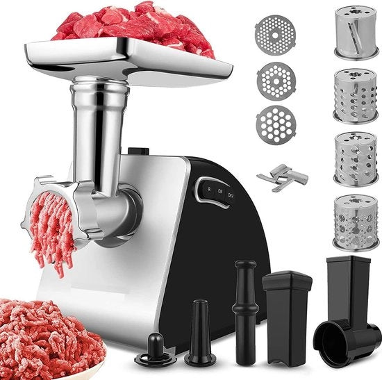 Multifunzionale macchina da carne elettrica - 5-in-1 - Macchina da cucina multifunzionale con 4 lame e 3 piatti in acciaio inossidabile - Macchina da carne - Accessori per biscotti - Nero
