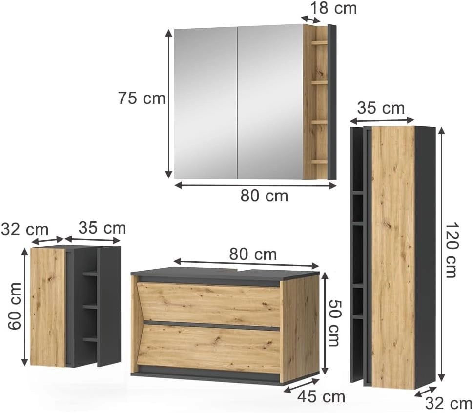 Set di mobili da bagno Edelin, Antracite/Artisan, 80 cm, composto da mobile sottolavabo, specchiera, armadio medio e pensile