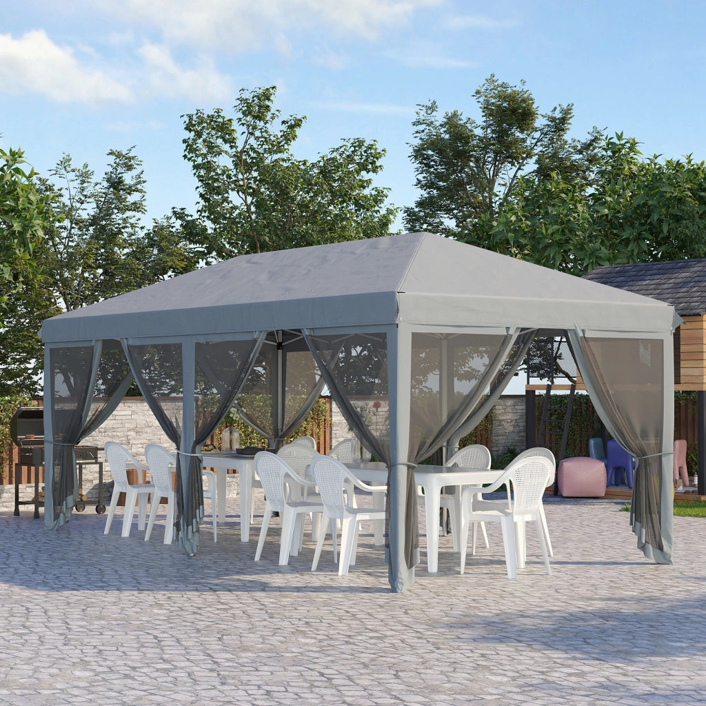 Gazebo da Giardino 600x300 cm Pieghevole con 6 Zanzariere e Pulsante in Acciaio e Poliestere Grigio