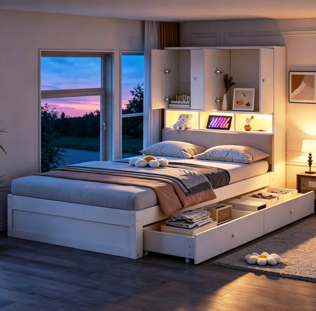 Letto singolo multifunzionale in legno 90 x 200 cm bianco
