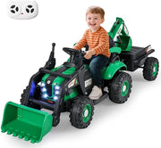 4 in 1 Trattore Elettrico per Bambini, Trattore Cavalcabile per Bambini 3-8 Anni con Telecomando Rimorchio e Cucchiaia Staccabile, Velocità Regolabile, Doppi Motori (Verde)