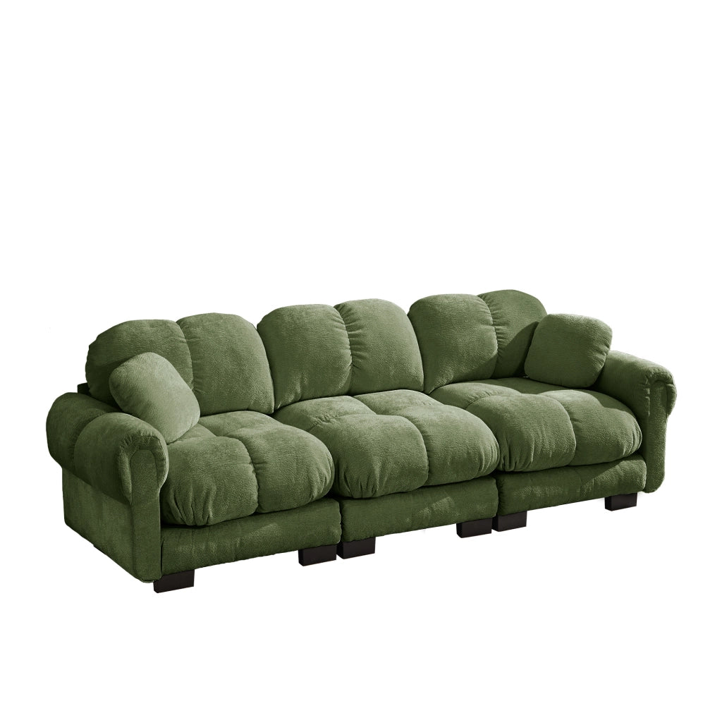 Divano 3 posti 260x86x90 cm in ciniglia verde con cuscini spessi -