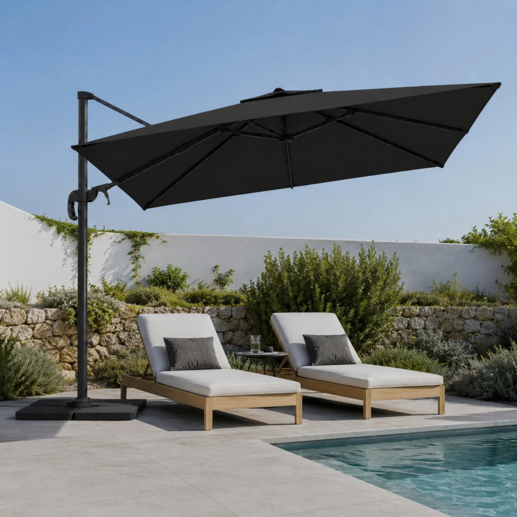 Ombrellone Professionale Per Giardino Terrazza Piscina Gazebo Dehors Bar Hotel Con Braccio Pieghevole Rotazione Completa 360° Tela Impermeabile Protezione Solare UV Acciaio Inossidabile 3x3 M Nero