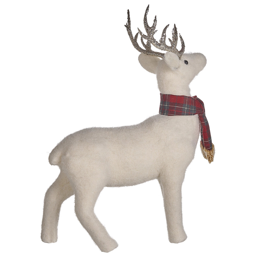 Figura decorativa renna ecopelle bianco argento rosso verde 48 cm natale soggiorno