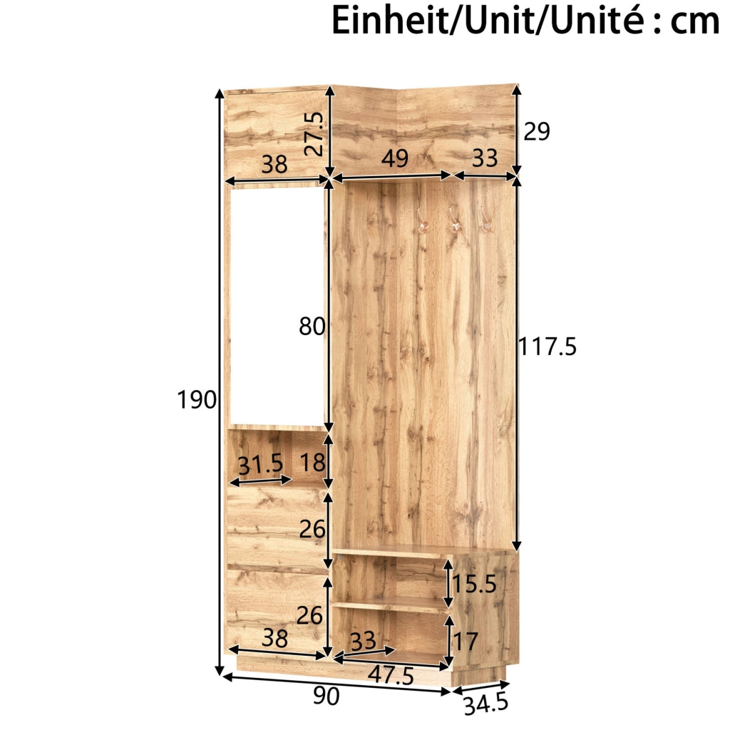 Mobile ingresso multifunzione con specchio; panca e scarpiera 90 x 34;5 x 190 cm; naturale