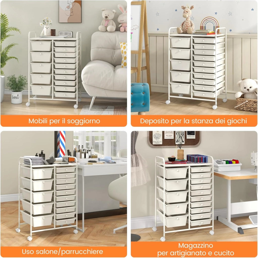 Carrello con 15 Cassetti Impilabili, Carrello di Stoccaggio con Ruote, Carello Portaoggetti per Casa e Ufficio, 62,5 x 37 x 87 cm (Bianco)