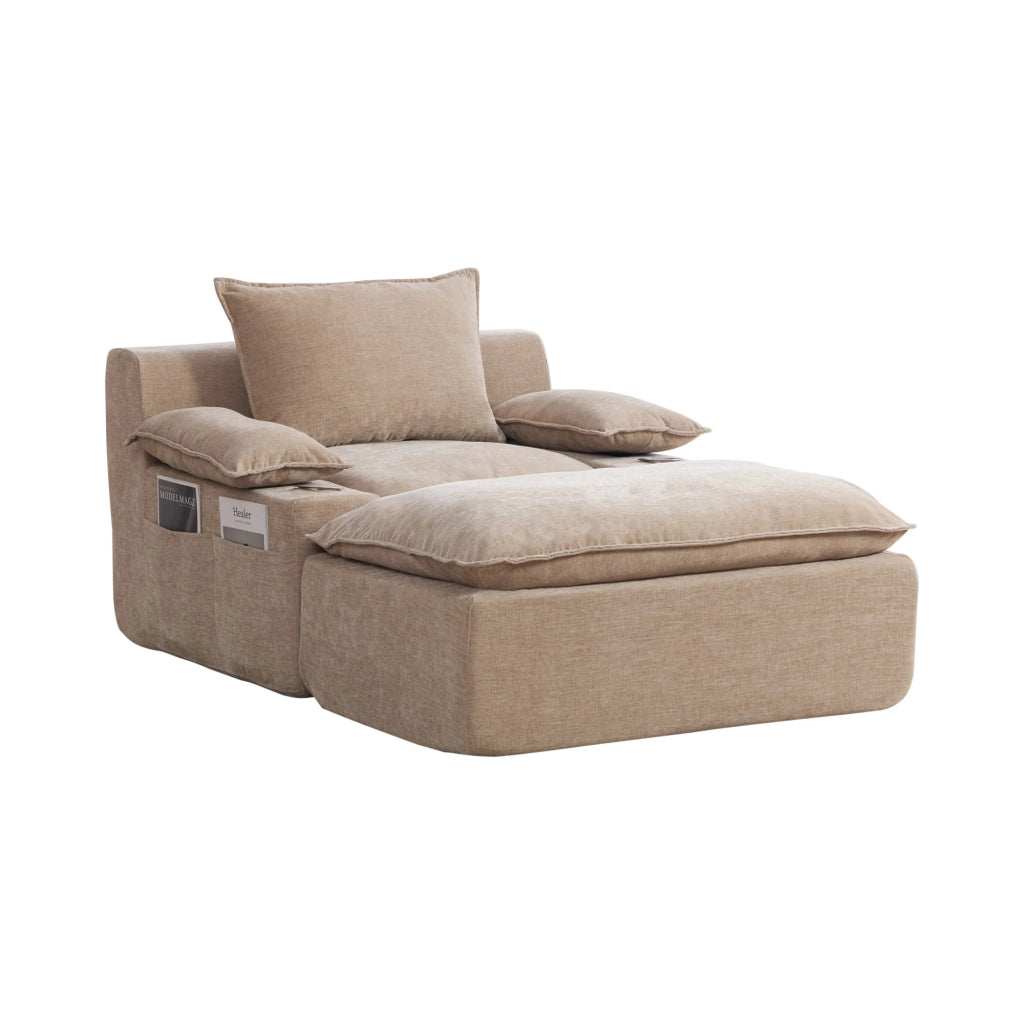 Poltrona relax in ciniglia con 4 cuscini portabevande e tasca laterale khaki chiaro
